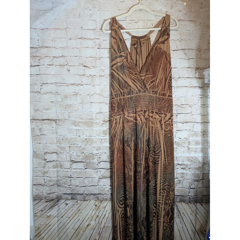 Bohemian Maxi Dress XL Brown‎ Mixed Print Smock Waist Stretchy Long Sleeveless